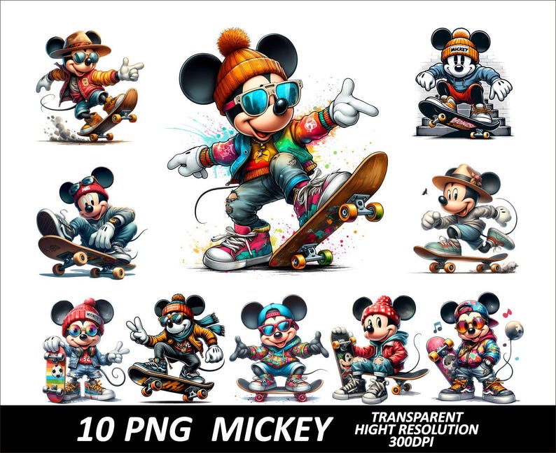Peut inclure: Dix illustrations num&eacute;riques de Mickey Mouse dans diff&eacute;rentes poses, tous portant des tenues diff&eacute;rentes et tenant des planches &agrave; roulettes. Les illustrations sont de style cartoon et pr&eacute;sentent des couleurs vives, notamment le rouge, le bleu, le vert, le jaune et le noir.