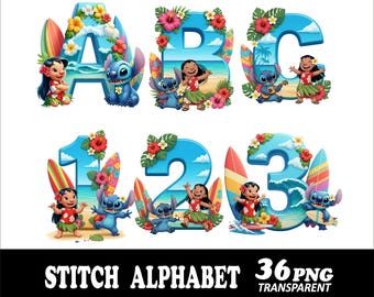Alfabeto de Stitch PNG Diseño de fuente de Stitch PNG Letras de Stitch transparentes PNG Diseño de fiesta de Stitch PNG Alta resolución de Stitch PNG