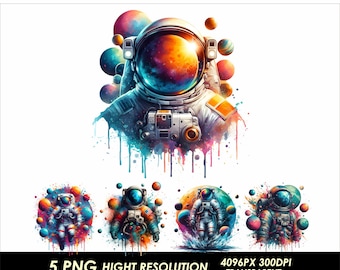 5 PNG Astronaut Design High Resolution sublimation printing Watercolor T-Shirt Design Astronaut Space Clipart Astronaut Png Digital Download