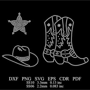 May include: A white rhinestone design of a cowboy hat, a star, and two cowboy boots. The design is on a black background.  DXF PNG SVG EPS CDR PDF SS10 3.3mm 0.13 inc SS06 2.2mm 0.083 inc