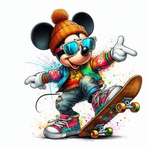 Peut inclure: Une illustration de dessin anim&eacute; de Mickey Mouse portant une veste color&eacute;e, un bonnet et des lunettes de soleil tout en faisant du skateboard. Il porte un jean d&eacute;chir&eacute; et des baskets color&eacute;s. L'arri&egrave;re-plan est une toile blanche avec des &eacute;claboussures de peinture color&eacute;es.