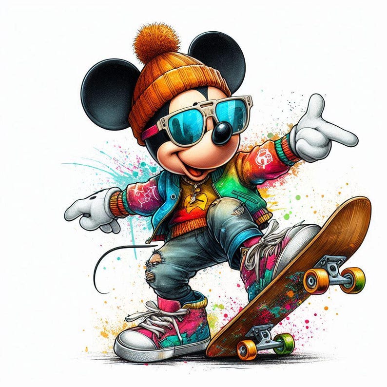 Peut inclure: Une illustration de dessin anim&eacute; de Mickey Mouse portant une veste color&eacute;e, un bonnet et des lunettes de soleil tout en faisant du skateboard. Il porte un jean d&eacute;chir&eacute; et des baskets color&eacute;s. L'arri&egrave;re-plan est une toile blanche avec des &eacute;claboussures de peinture color&eacute;es.