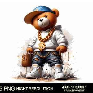 Lot de 5 ours en peluche hip hop graffiti graffiti couleur png Impression par sublimation de haute qualité T-shirt ours dessin animé Design PNG Design urbain et de rue