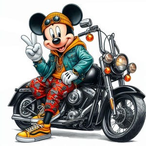 May include: A cartoon illustration of Mickey Mouse wearing a blue denim jacket, orange and yellow pants, a yellow beanie, and sunglasses. He is sitting on a black motorcycle with chrome accents.