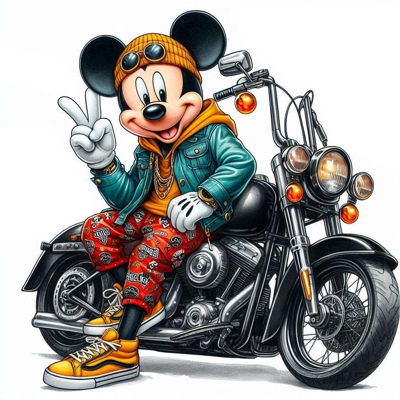 May include: A cartoon illustration of Mickey Mouse wearing a blue denim jacket, orange and yellow pants, a yellow beanie, and sunglasses. He is sitting on a black motorcycle with chrome accents.