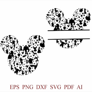 May include: Black silhouette designs of Mickey Mouse heads filled with character and star shapes. One head has a horizontal line for personalization. The image includes file type options: EPS, PNG, DXF, SVG, PDF, and AI.