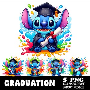 May include: A digital illustration of the character Stitch from Lilo & Stitch in a graduation cap and gown, holding a diploma. The image features colorful paint splatters and the word "GRADUATION".