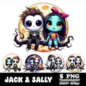 Op de afbeelding: Een digitale illustratie met Jack en Sally uit The Nightmare Before Christmas, zittend op een tak voor een volle maan. Hieronder vier kleinere afbeeldingen van het paar. De tekst "JACK & SALLY" staat onderaan.