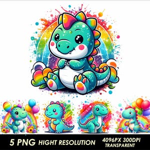 5 PNG Baby Dinosour Designs suitable for High Resolution sublimation printing Kids T-shirt Design Cute Dinosaur Png Clipart Baby T-Rex