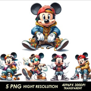 Puede incluir: Cinco ilustraciones digitales de Mickey Mouse en diferentes poses. Mickey lleva una gorra de béisbol roja, una chaqueta azul y cadenas de oro. Lleva diferentes atuendos en cada imagen. Las imágenes son de alta resolución y transparentes.
