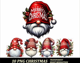 May include: Ten digital illustrations of Christmas gnomes with red hats and white beards. The gnomes are wearing different patterned hats and have different facial expressions. The top gnome has a red hat with the text "Merry Christmas" on it.