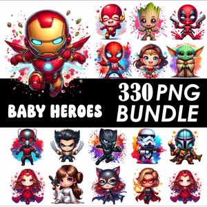 Paquete de 330 diseños PNG de superhéroes bebés, películas y héroes, impresión por sublimación de alta calidad, diseño PNG de dibujos animados de héroes bebés PNG