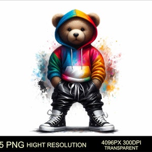 5 PNG Cartoon Teddybär Design Bunte Urban Design Sublimation Hochwertige Sublimation Digitaler Download T-Shirt PNG Streetwear Design