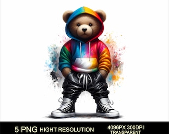 5 PNG Cartoon Teddy Bear Design Colorful Urban Design Sublimation High Quality Sublimation Digital Download T-Shirt PNG Streetwear Design
