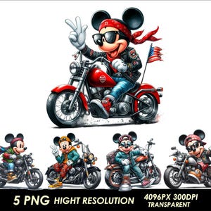 Puede incluir: Cinco ilustraciones digitales de Mickey Mouse conduciendo una motocicleta. Cada ilustración presenta a Mickey Mouse con un pañuelo rojo y gafas de sol, conduciendo una motocicleta con un esquema de color diferente. Las motocicletas están todas detalladas con detalles cromados y tienen un estilo vintage.