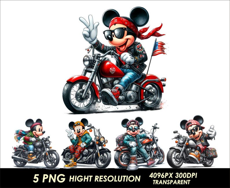 May include: Five digital illustrations of Mickey Mouse riding a motorcycle. Each illustration features Mickey Mouse wearing a red bandana and sunglasses, riding a motorcycle with a different color scheme. The motorcycles are all detailed with chrome accents and have a vintage style.