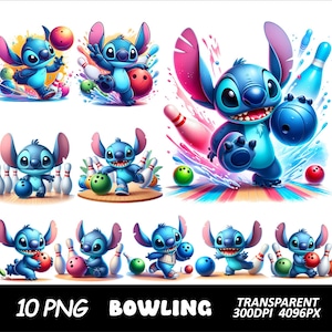 May include: Ten digital illustrations of Stitch from Lilo & Stitch, a blue alien character, playing bowling. Stitch is shown in various poses, including throwing a bowling ball, standing with a bowling pin, and celebrating a strike. The illustrations are set against a white background.