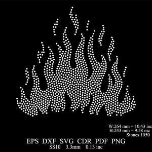 May include: A white rhinestone design of a flame shape. The design is 10.43 inches wide and 9.58 inches tall. It is made up of 1050 rhinestones.