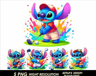 Könnte beinhalten: Fünf digitale Illustrationen von Stitch aus Lilo & Stitch beim Golfspielen. Jedes Bild zeigt Stitch in einem anderen Outfit und einer anderen Pose, mit einem bunten Spritzfarbenhintergrund. Der Text "5 PNG HIGH RESOLUTION 4096PX 300DPI TRANSPARENT" befindet sich am unteren Rand des Bildes.