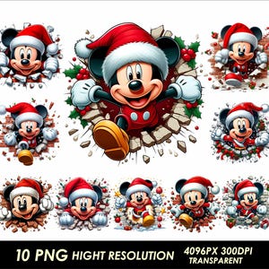 Paquete de 10 imágenes prediseñadas de Mickey de Navidad, impresión por sublimación de alta calidad PNG, diseño de camiseta navideña de Mickey PNG, dibujos animados de Navidad por sublimación