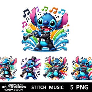 May include: Five digital illustrations of Stitch from Lilo & Stitch playing musical instruments. Stitch is wearing a tuxedo and playing a clarinet, a trumpet, a saxophone, a flute, and a violin. The background is a colorful abstract design with musical notes.