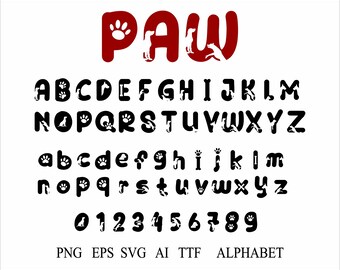 Może przedstawiać: Czarno-biały font alfabetu z odciskami łap i sylwetkami psów. Słowo "PAW" jest czerwone z odciskiem łapy. Font zawiera duże i małe litery oraz cyfry od 0 do 9. PNG EPS SVG AI TTF ALPHABET.