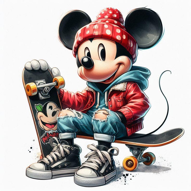 Peut inclure: Mickey Mouse portant une veste rouge, un jean bleu et un bonnet rouge et blanc &agrave; pois blancs. Il tient une planche &agrave; roulettes noire avec une image de dessin anim&eacute; de Mickey Mouse dessus.