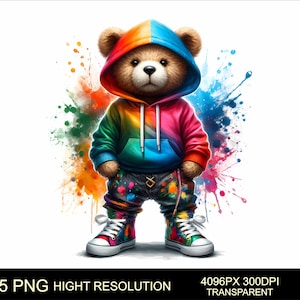 5 Png Graffiti Teddy Bear Color Png Pack Impressão de sublimação de alta qualidade Hip Hop Teddy Bear T-Shirt PNG Design Urbano e Street Design