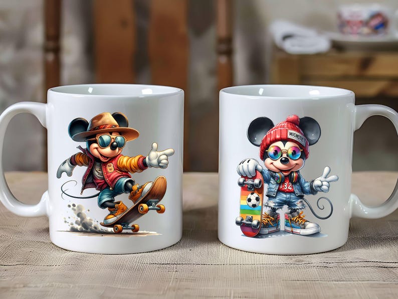 Peut inclure: Deux tasses en c&eacute;ramique blanche avec des images de Mickey Mouse en skateboard dessin&eacute;es en couleur. Une tasse repr&eacute;sente Mickey Mouse portant un chapeau rouge et blanc, des lunettes de soleil et une veste en jean bleue. L'autre tasse repr&eacute;sente Mickey Mouse portant une veste jaune, des lunettes de soleil et un chapeau marron. Les deux tasses ont une poign&eacute;e noire.
