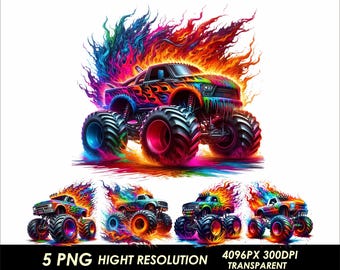 Pack de 5 Monster Trucks Impression par sublimation de haute qualité Monster Truck Clipart T-Shirt PNG Design Camion 4 x 4 Png Design Monster tout-terrain