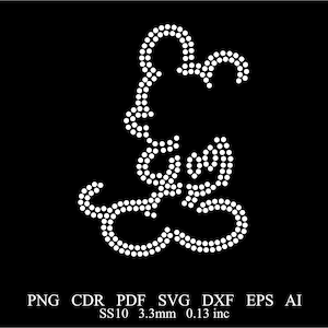 May include: White rhinestone design of a stylized letter "G" with a small heart in the center. The design is made up of small, round rhinestones.