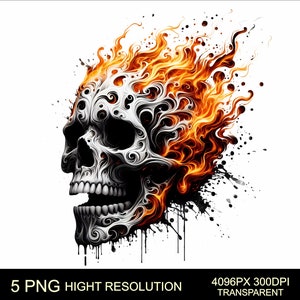 May include: A stylized skull with intricate details is engulfed in flames, creating a fiery and dramatic image. The skull is rendered in shades of gray and white, while the flames are a vibrant orange and yellow. The background is a white canvas with black splatters of paint.