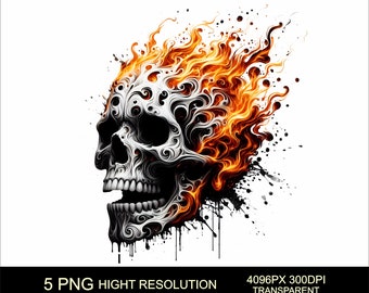 5 Skull PNG Design Suitable for High Resolution Sublimation printing Skull T-Shirt Png Design Burning Skull Clipart PNG Skull T-Shirt