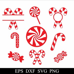 May include: A set of eight red and white candy cane and peppermint swirl designs. The designs include a candy cane with a blank space for personalization, a candy cane with a circle, a candy cane with a swirl, a candy cane with a swirl, a candy cane with a swirl, a candy cane with a swirl, a candy cane with a swirl, and a candy cane with a swirl.