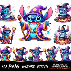 Puede incluir: Diez ilustraciones digitales de Stitch de Lilo & Stitch vestido de mago. Stitch es azul con detalles morados y amarillos. Lleva una varita mágica y un sombrero puntiagudo. Las ilustraciones son de estilo de dibujos animados y están sobre un fondo blanco.