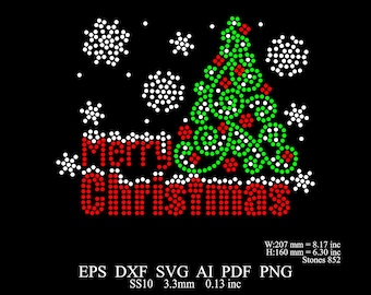 May include: A red and green rhinestone design of a Christmas tree with snowflakes and the words "Merry Christmas".