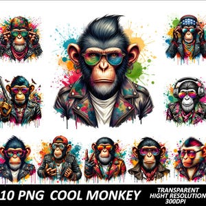 Puede incluir: Diez ilustraciones digitales de monos geniales con gafas de sol, auriculares y chaquetas de cuero. Los monos están sobre un fondo colorido con salpicaduras de pintura.