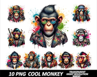 10 PNG Jungle Monkey T-Shirt Design Bundle High Quality Sublimation Printing Urban Monkeys Transparent Png Sublimation Streetwear Monkey