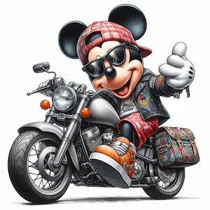 May include: A cartoon illustration of Mickey Mouse wearing a red and white checkered hat, sunglasses, and a leather jacket, riding a silver motorcycle. The motorcycle has a saddlebag with a colorful pattern.