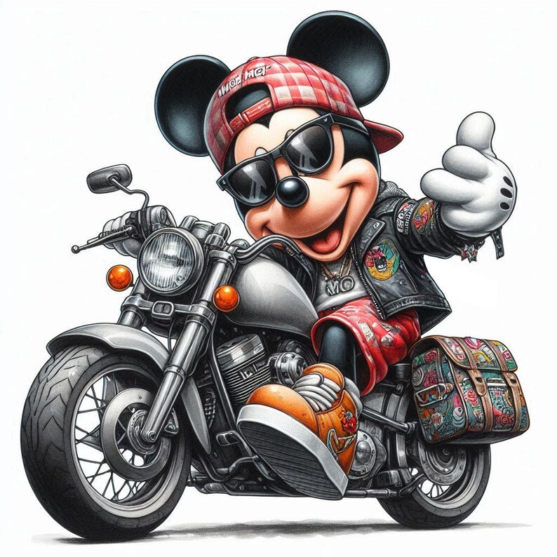 May include: A cartoon illustration of Mickey Mouse wearing a red and white checkered hat, sunglasses, and a leather jacket, riding a silver motorcycle. The motorcycle has a saddlebag with a colorful pattern.