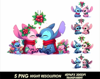 May include: A pink and blue Stitch and Angel couple with red and green holly and berries. The couple is kissing under a mistletoe.