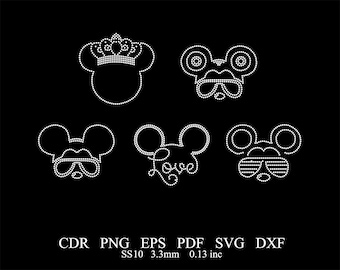 May include: Five white rhinestone Mickey Mouse head designs on a black background. One design has a crown, two have sunglasses, and one says "Love". The image also includes file type information: CDR, PNG, EPS, PDF, SVG, and DXF.