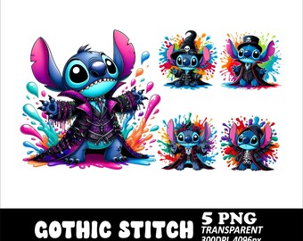 5 PNG Stitch-ontwerpen Halloween Stitch PNG Transparante PNG Donker Gotische Stitch-ontwerp PNG Hoge resolutie Stitch Kinder T-shirtontwerp
