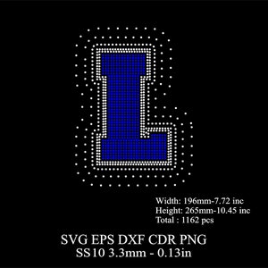 Plantilla de letras de diamantes de imitación SS10 Plantilla de letras L grandes de diamantes de imitación Letras L enormes Diseño SVG Dxf Png Fuente universitaria de diamantes de imitación
