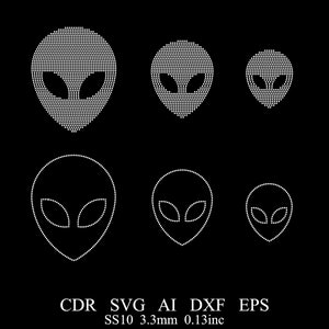 May include: Six different sizes of alien head designs made of white rhinestones. The designs are in the shape of an alien head with large eyes and a pointed chin. The designs are on a black background.  CDR SVG AI DXF EPS SS10 3.3mm 0.13inc
