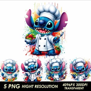 5 PNG Chef Stitch Bundle Design Transparent Stitch Clipart Chef Stitch Png Character High Resolution Clipart Sublimation PNG files
