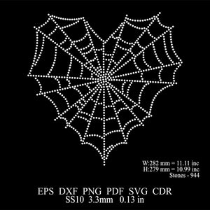 May include: A white spiderweb design in the shape of a heart, made of small white dots. The design is 11.11 inches wide and 10.99 inches tall. It is made up of 944 stones.