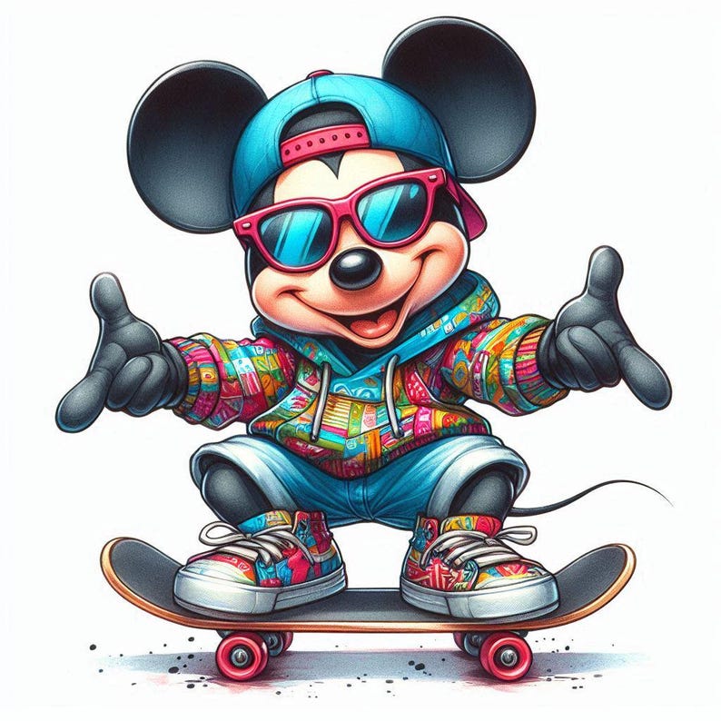 Peut inclure: Une illustration de dessin anim&eacute; de Mickey Mouse portant une casquette de baseball bleue et rose, des lunettes de soleil et une veste &agrave; motifs color&eacute;s. Il est debout sur une planche &agrave; roulettes, les bras tendus.