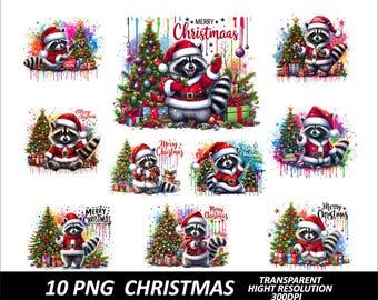 10 PNG Christmas Raccoon Bundle Design High Quality Sublimation Printing Christmas Raccoon T-Shirt PNG Design Raccoon Christmas Png Clipart
