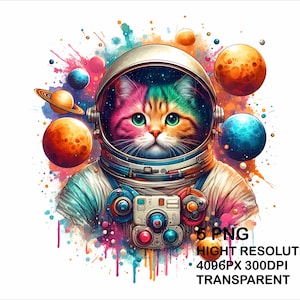 May include: A colorful cat wearing an astronaut helmet with a galaxy background. The cat has pink, green, and orange fur. The helmet has a clear visor and a black and white design. The background is a watercolor-style painting with planets and stars.